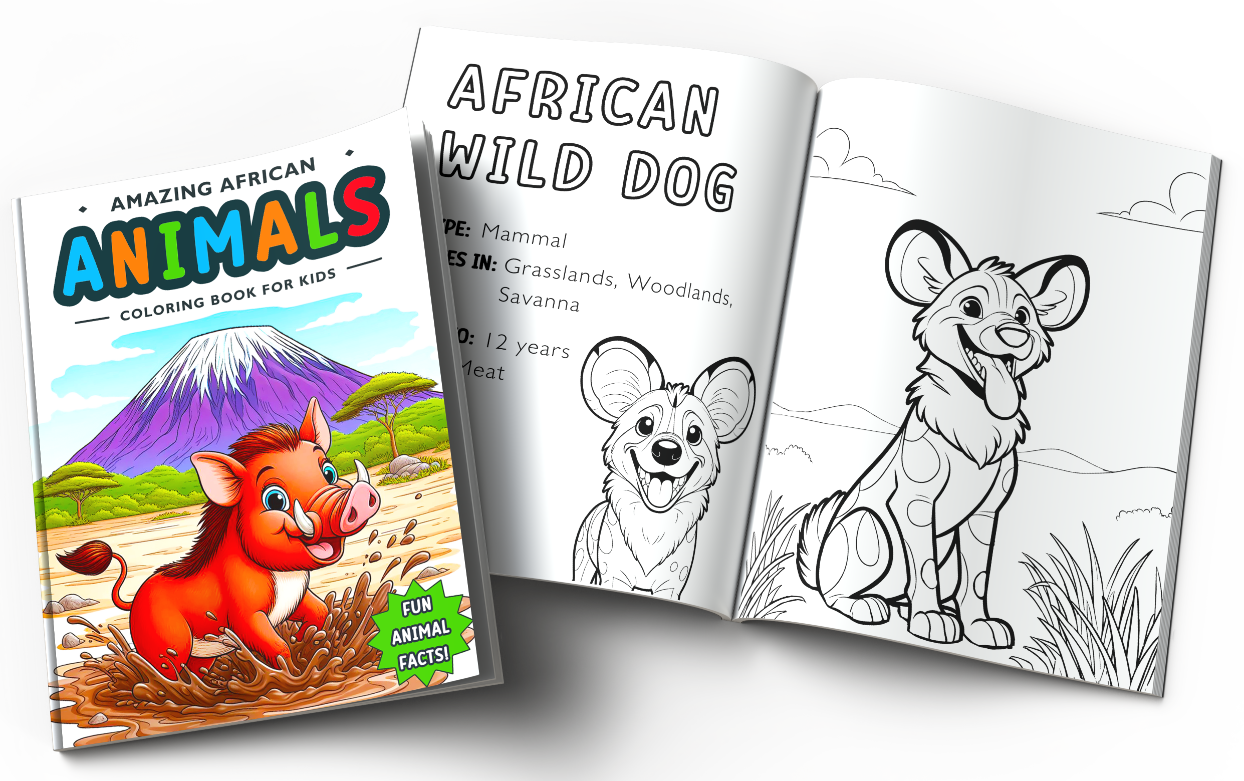 Cover and coloring page for the Amazing African Animals coloring book